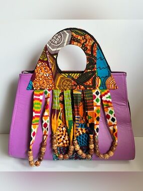 Handmade Purple Tote Bag with African Print Fabric & Beaded Tassels